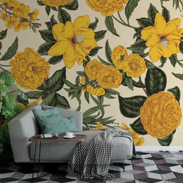 Yellow_Flowers_Surroundings_on_white_color___Wall_Mural,_PVC_free_Wall_Covering