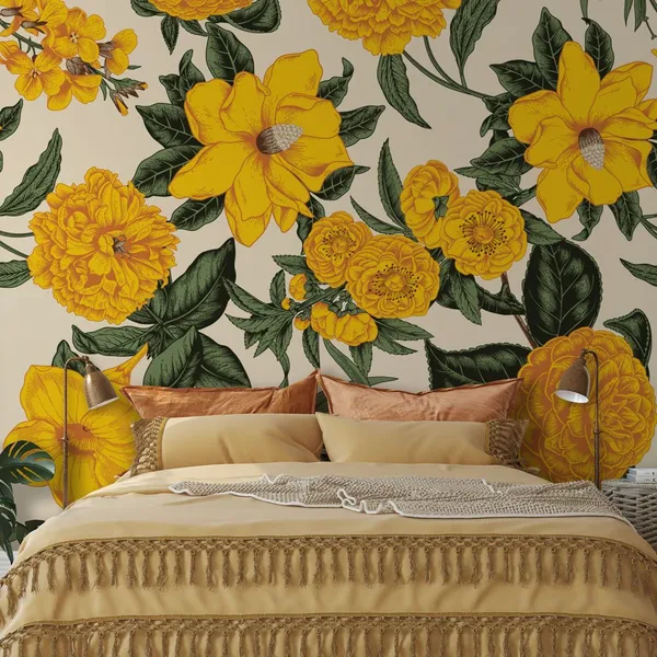 Yellow_Flowers_Surroundings_on_white_color___Wall_Mural,_PVC_free_Wall_Covering