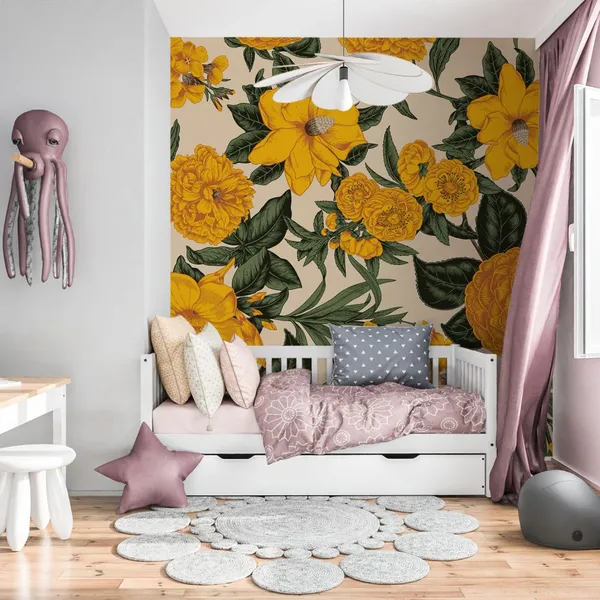 Yellow_Flowers_Surroundings_on_white_color___Wall_Mural,_PVC_free_Wall_Covering