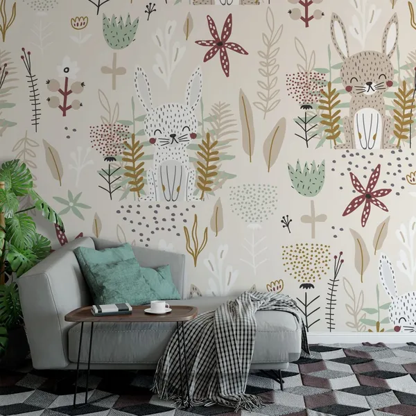 Seamless_childish_pattern_with_cute_bunnies_and_flowers._Creative_kids_forest_texture_for_fabric,_wrapping,_textile,_wallpaper,_apparel.__Mural_Wallpaper,_PVC_Free