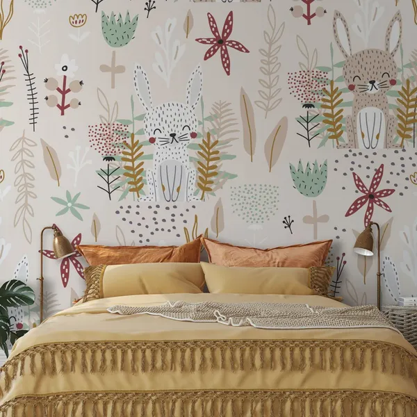 Seamless_childish_pattern_with_cute_bunnies_and_flowers._Creative_kids_forest_texture_for_fabric,_wrapping,_textile,_wallpaper,_apparel.__Mural_Wallpaper,_PVC_Free
