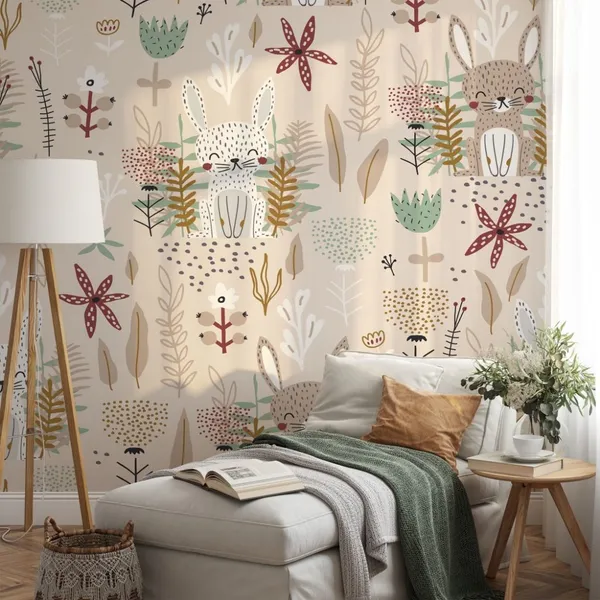 Seamless_childish_pattern_with_cute_bunnies_and_flowers._Creative_kids_forest_texture_for_fabric,_wrapping,_textile,_wallpaper,_apparel.__Mural_Wallpaper,_PVC_Free
