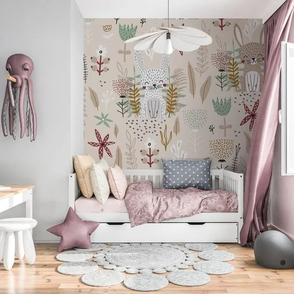 Seamless_childish_pattern_with_cute_bunnies_and_flowers._Creative_kids_forest_texture_for_fabric,_wrapping,_textile,_wallpaper,_apparel.__Mural_Wallpaper,_PVC_Free