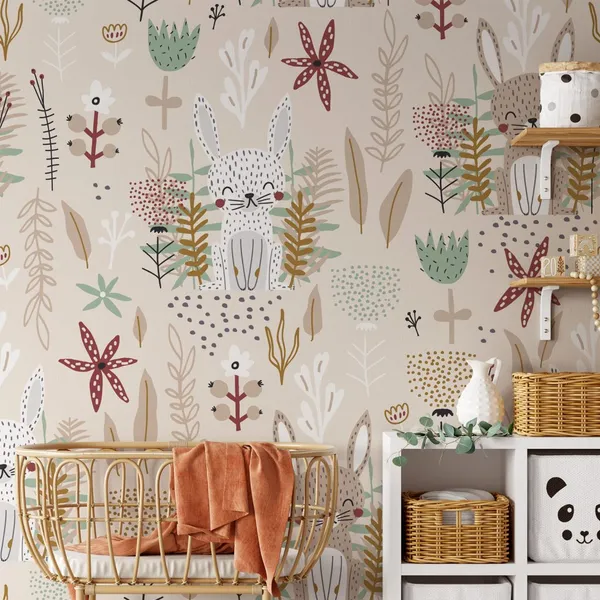 Seamless_childish_pattern_with_cute_bunnies_and_flowers._Creative_kids_forest_texture_for_fabric,_wrapping,_textile,_wallpaper,_apparel.__Mural_Wallpaper,_PVC_Free