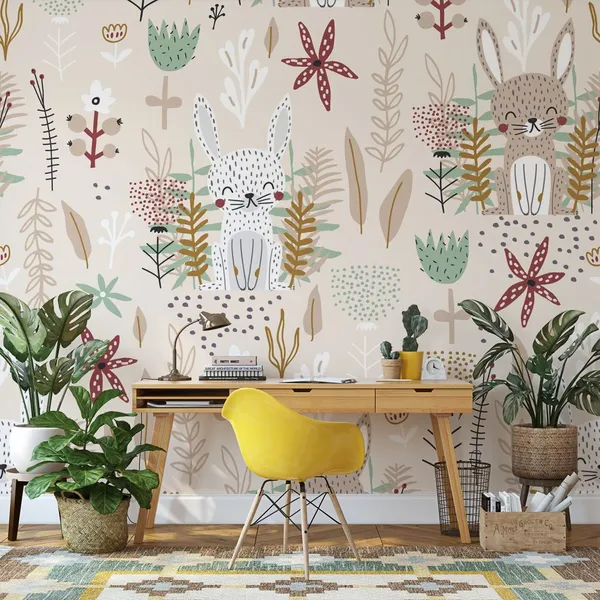 Seamless_childish_pattern_with_cute_bunnies_and_flowers._Creative_kids_forest_texture_for_fabric,_wrapping,_textile,_wallpaper,_apparel.__Mural_Wallpaper,_PVC_Free