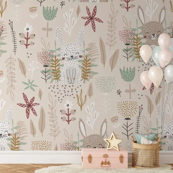 Seamless_childish_pattern_with_cute_bunnies_and_flowers._Creative_kids_forest_texture_for_fabric,_wrapping,_textile,_wallpaper,_apparel.__Mural_Wallpaper,_PVC_Free