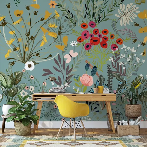 Pattern_With_Doodle_Colorful__Flowers,_Mural_Wallpaper.