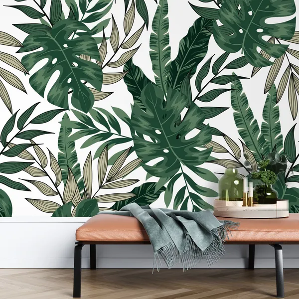 Trend_Tropical_Pattern._Seamless_Background_With_Green_Leaves_And_Plants._Illustration_In_Hawaiian_Style._Jungle_Leaves,__Mural_Wallpaper,_Pvc_Free.