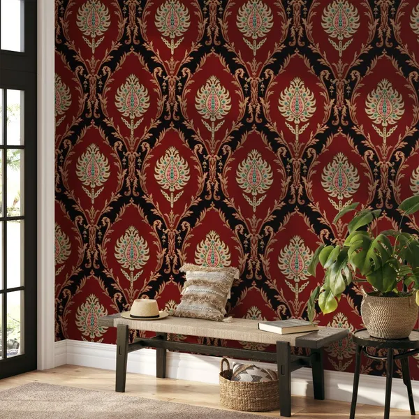 Mughal_Motif_Bunch_Pattern_Background_With_Dark_Red_Color_Mural_Wallpaper.