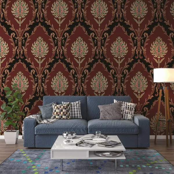 Mughal_Motif_Bunch_Pattern_Background_With_Dark_Red_Color_Mural_Wallpaper.