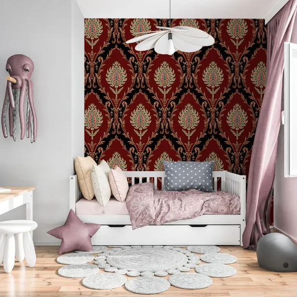Mughal_Motif_Bunch_Pattern_Background_With_Dark_Red_Color_Mural_Wallpaper.