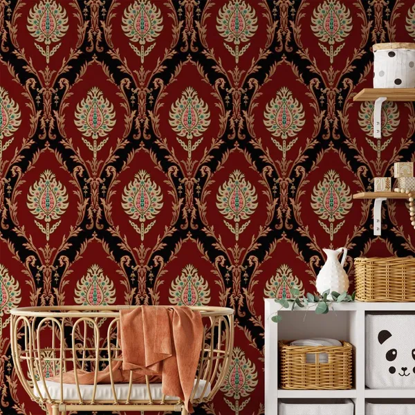 Mughal_Motif_Bunch_Pattern_Background_With_Dark_Red_Color_Mural_Wallpaper.