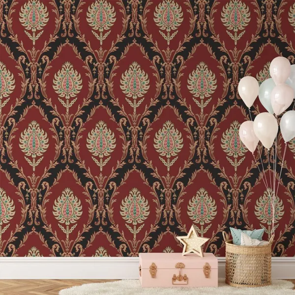 Mughal_Motif_Bunch_Pattern_Background_With_Dark_Red_Color_Mural_Wallpaper.