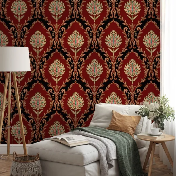 Mughal_Motif_Bunch_Pattern_Background_With_Dark_Red_Color_Mural_Wallpaper.