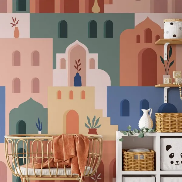 Abstract_Architecture._Minimalist_Geometric_Building_Shapes_Seamless_Pattern,_Moroccan_Oriental_Streets,_Bohemian_Aesthetic._Decor_Textile,_Wrapping_Paper,_Print_Or_Fabric_Mural_Wallpaper.