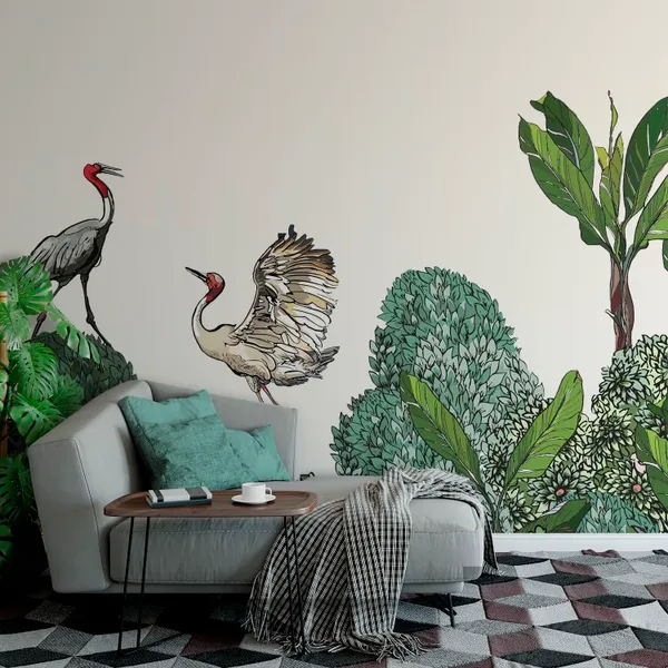 Seamless_Pattern_High_End_Tropical_Forest_Border_Of_Exotic_Life_Dancing_Cranes_Couple_On_Horizon_Of_Jungle_Blooming_Bushes_Wildlife_Mural_Wallpaper.