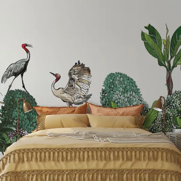 Seamless_Pattern_High_End_Tropical_Forest_Border_Of_Exotic_Life_Dancing_Cranes_Couple_On_Horizon_Of_Jungle_Blooming_Bushes_Wildlife_Mural_Wallpaper.
