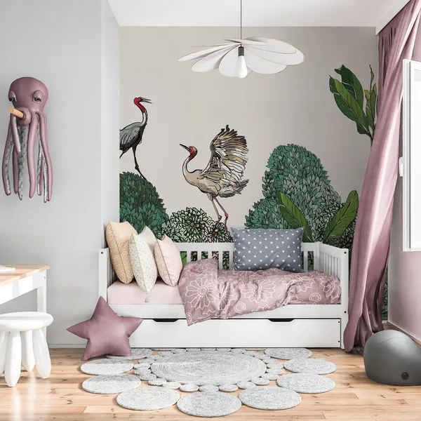 Seamless_Pattern_High_End_Tropical_Forest_Border_Of_Exotic_Life_Dancing_Cranes_Couple_On_Horizon_Of_Jungle_Blooming_Bushes_Wildlife_Mural_Wallpaper.