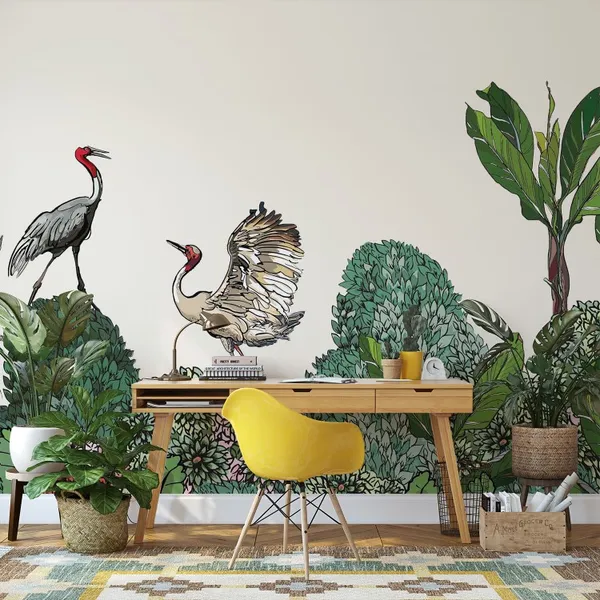 Seamless_Pattern_High_End_Tropical_Forest_Border_Of_Exotic_Life_Dancing_Cranes_Couple_On_Horizon_Of_Jungle_Blooming_Bushes_Wildlife_Mural_Wallpaper.