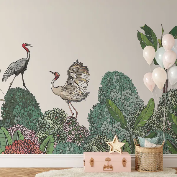 Seamless_Pattern_High_End_Tropical_Forest_Border_Of_Exotic_Life_Dancing_Cranes_Couple_On_Horizon_Of_Jungle_Blooming_Bushes_Wildlife_Mural_Wallpaper.