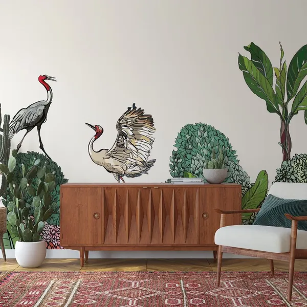 Seamless_Pattern_High_End_Tropical_Forest_Border_Of_Exotic_Life_Dancing_Cranes_Couple_On_Horizon_Of_Jungle_Blooming_Bushes_Wildlife_Mural_Wallpaper.