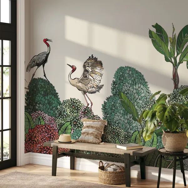 Seamless_Pattern_High_End_Tropical_Forest_Border_Of_Exotic_Life_Dancing_Cranes_Couple_On_Horizon_Of_Jungle_Blooming_Bushes_Wildlife_Mural_Wallpaper.