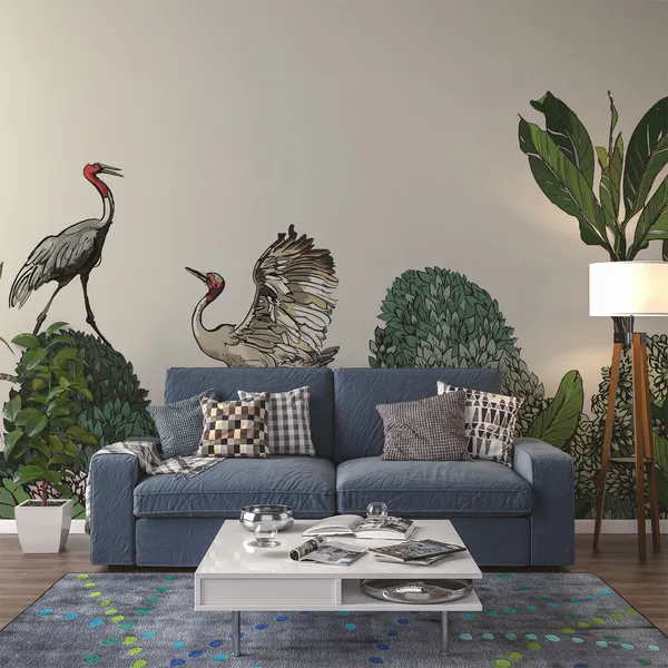 Seamless_Pattern_High_End_Tropical_Forest_Border_Of_Exotic_Life_Dancing_Cranes_Couple_On_Horizon_Of_Jungle_Blooming_Bushes_Wildlife_Mural_Wallpaper.
