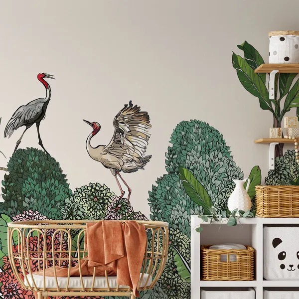 Seamless_Pattern_High_End_Tropical_Forest_Border_Of_Exotic_Life_Dancing_Cranes_Couple_On_Horizon_Of_Jungle_Blooming_Bushes_Wildlife_Mural_Wallpaper.
