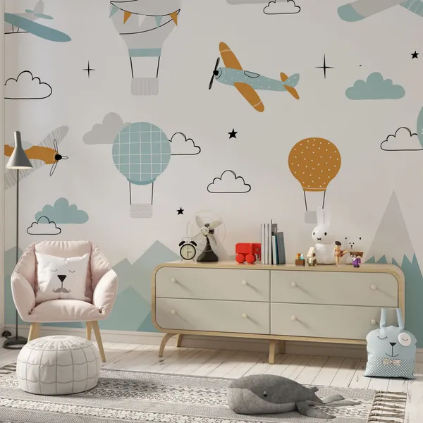 Vector_Color_Children_Hand_Drawn_Mountain,_Aircraft,_Air_Balloon_And_Clouds_Illustration_In_Candinavian_Style._Children'S_Wallpaper.