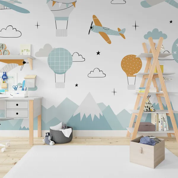 Vector_Color_Children_Hand_Drawn_Mountain,_Aircraft,_Air_Balloon_And_Clouds_Illustration_In_Candinavian_Style._Children'S_Wallpaper.