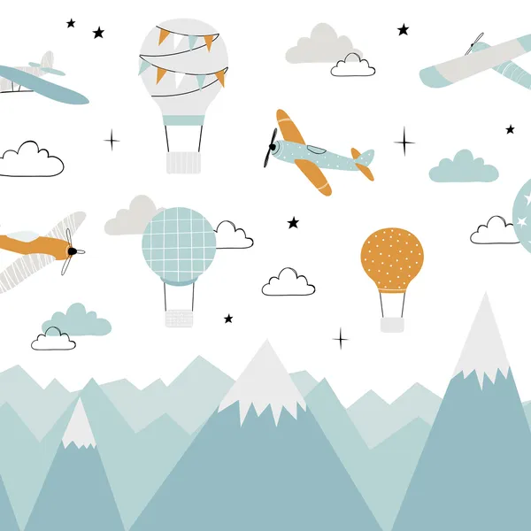 Vector_Color_Children_Hand_Drawn_Mountain,_Aircraft,_Air_Balloon_And_Clouds_Illustration_In_Candinavian_Style._Children'S_Wallpaper.