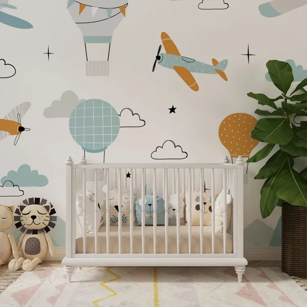 Vector_Color_Children_Hand_Drawn_Mountain,_Aircraft,_Air_Balloon_And_Clouds_Illustration_In_Candinavian_Style._Children'S_Wallpaper.