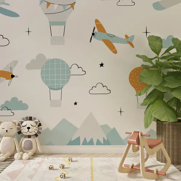 Vector_Color_Children_Hand_Drawn_Mountain,_Aircraft,_Air_Balloon_And_Clouds_Illustration_In_Candinavian_Style._Children'S_Wallpaper.