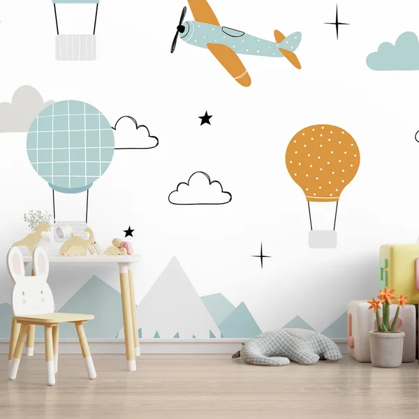 Vector_Color_Children_Hand_Drawn_Mountain,_Aircraft,_Air_Balloon_And_Clouds_Illustration_In_Candinavian_Style._Children'S_Wallpaper.