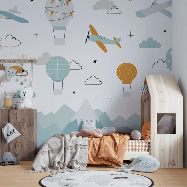Vector_Color_Children_Hand_Drawn_Mountain,_Aircraft,_Air_Balloon_And_Clouds_Illustration_In_Candinavian_Style._Children'S_Wallpaper.