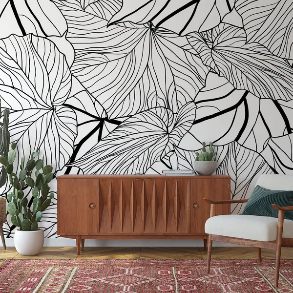 Black_And_White_Pencil__Leaves_Sketch_Mural_Wallpaper