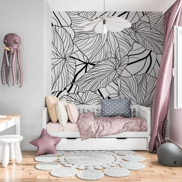 Black_And_White_Pencil__Leaves_Sketch_Mural_Wallpaper