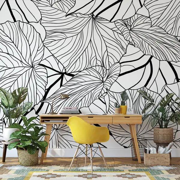 Black_And_White_Pencil__Leaves_Sketch_Mural_Wallpaper