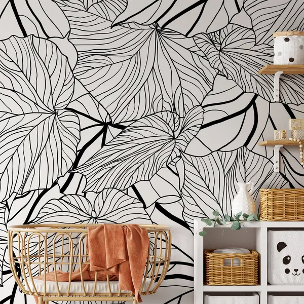 Black_And_White_Pencil__Leaves_Sketch_Mural_Wallpaper