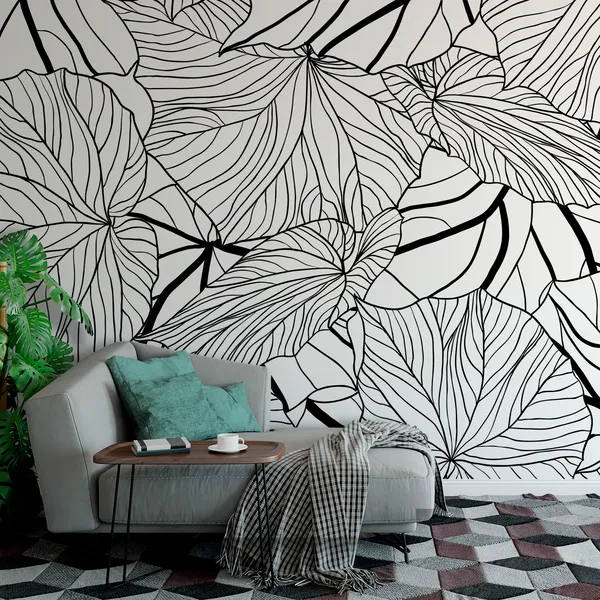 Black_And_White_Pencil__Leaves_Sketch_Mural_Wallpaper