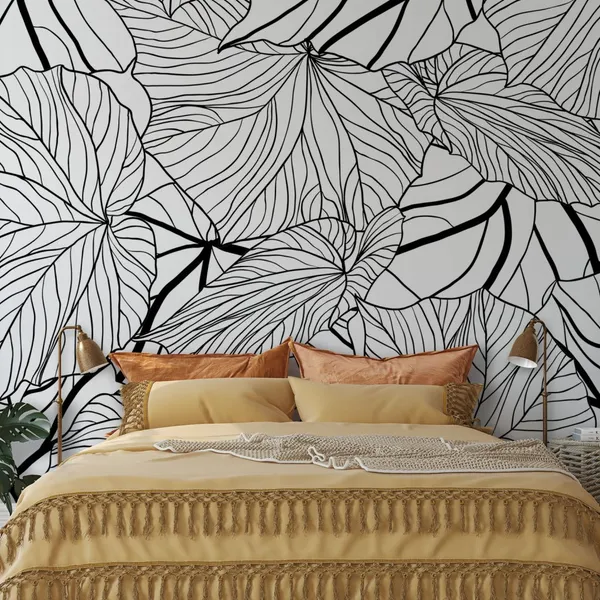 Black_And_White_Pencil__Leaves_Sketch_Mural_Wallpaper