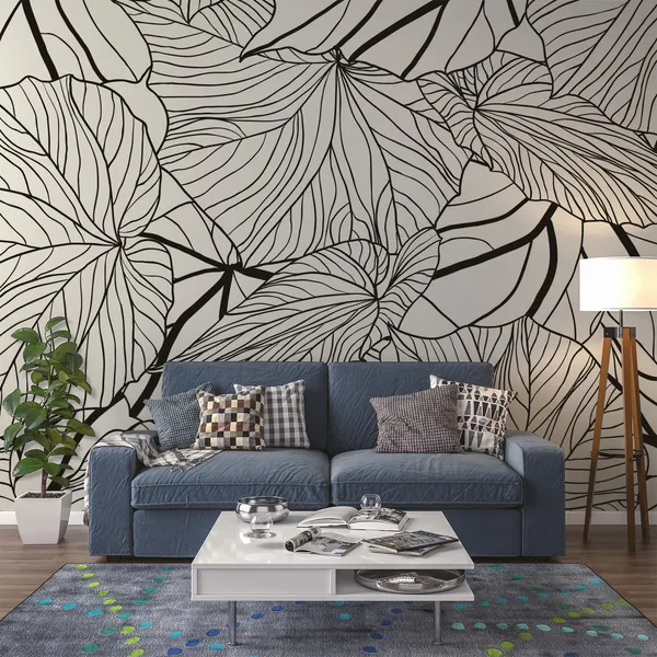 Black_And_White_Pencil__Leaves_Sketch_Mural_Wallpaper