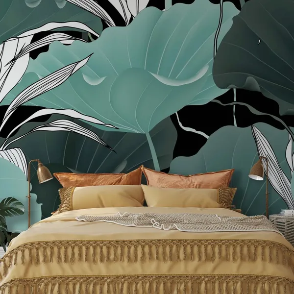 Botanical_seamless_pattern,_lotus_leaves,_plants_and_vines_on_black_background_Mural_Wallpaper.