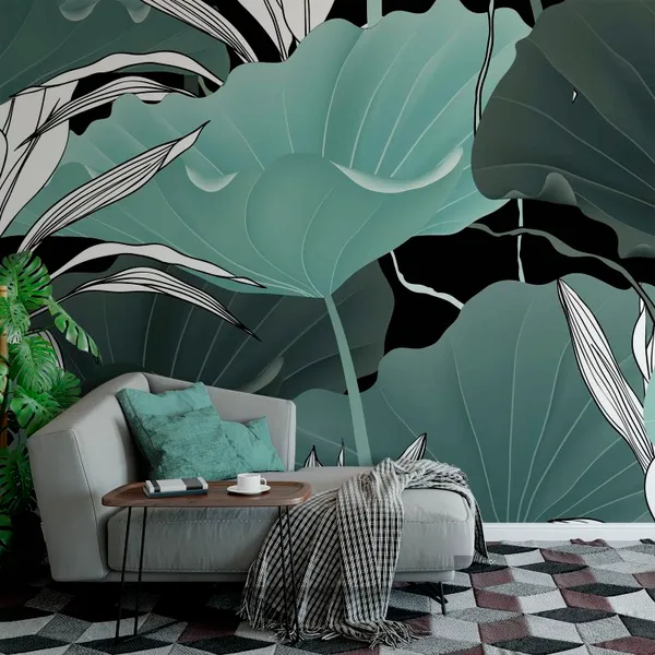 Botanical_seamless_pattern,_lotus_leaves,_plants_and_vines_on_black_background_Mural_Wallpaper.