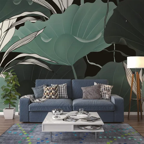 Botanical_seamless_pattern,_lotus_leaves,_plants_and_vines_on_black_background_Mural_Wallpaper.