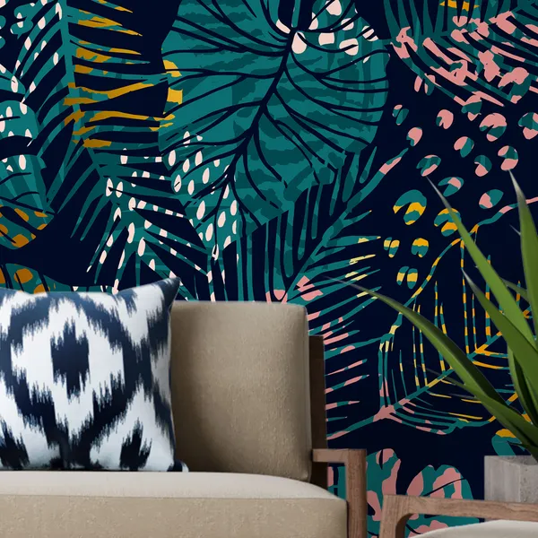Trendy_seamless_exotic_pattern_with_tropical_plants,_animal_prints_and_hand_drawn_textures_Mural_Wallpaper.