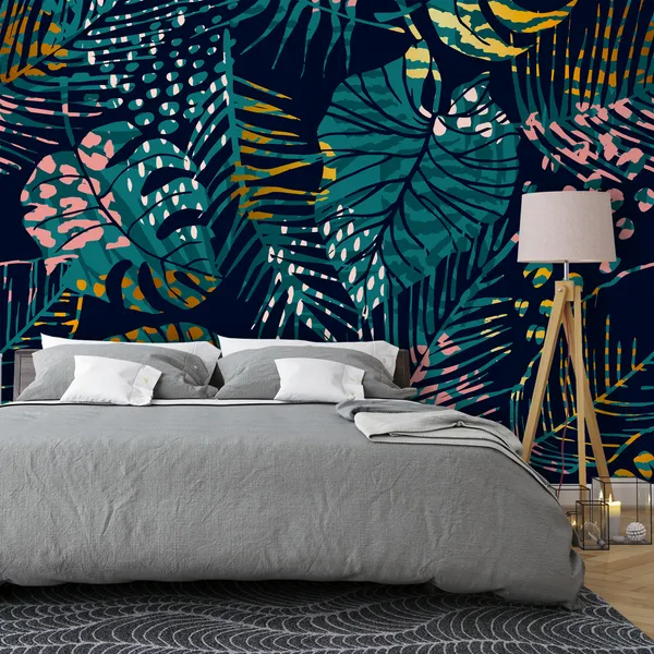 Trendy_seamless_exotic_pattern_with_tropical_plants,_animal_prints_and_hand_drawn_textures_Mural_Wallpaper.