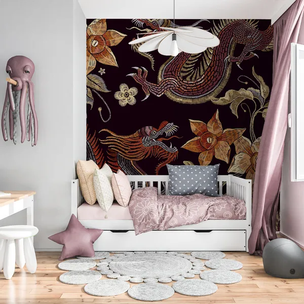 Classy_embroidery_dragons_and_blossom_abstract_Mural_Wallpaper.
