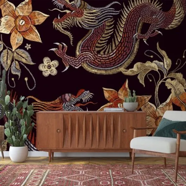 Classy_embroidery_dragons_and_blossom_abstract_Mural_Wallpaper.