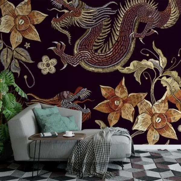 Classy_embroidery_dragons_and_blossom_abstract_Mural_Wallpaper.